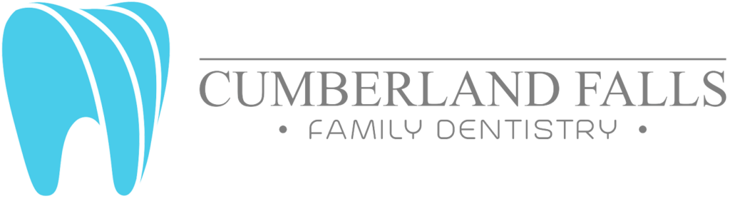 The image features the Cumberland Falls Family Dentistry logo, consisting of a stylized blue tooth icon on the left and text on the right. "CUMBERLAND FALLS" is in large uppercase letters above "FAMILY DENTISTRY," which is in smaller uppercase letters with two dots on either side.